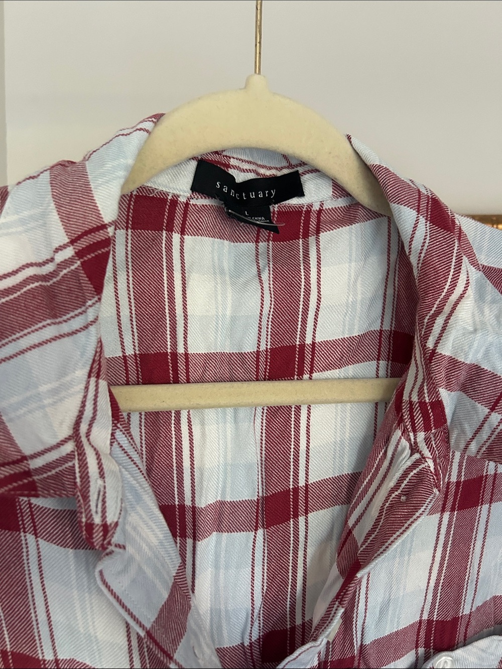 Sanctuary L Red light blue and White Plaid Button-Up rayon casual  Shirt - Picture 11 of 12